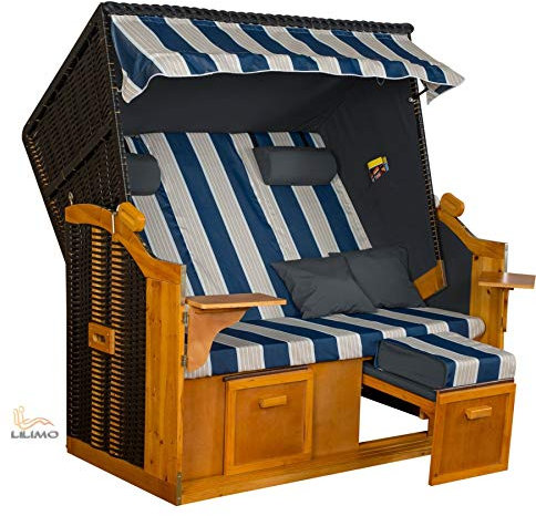 LILIMO - Ostsee Strandkorb Baltic-R XXL | 2-3 Sitzer | Montiert | Geflecht: Anthrazit, Bezug: Blau/Weiß/Grau | inkl. Schutzhülle | Model BLW