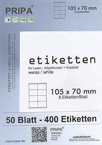 pripa - Etiketten 105 x 70 mm - 8 Stueck auf A4-50 Blatt DIN A4 selbstklebende Etiketten - DHL Post Versand