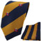 TigerTie Designer Krawatte + Einstecktuch gold goldbraun dunkelblau gestreift mit Wappen gemustert