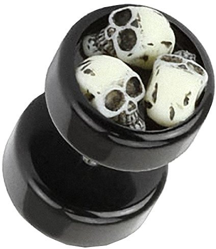 Piercingfaktor Runde Ohrring Ohrstecker Fake Piercing Ohr Plug Flesh Tunnel Ohrpiercing Stecker mit Totenköpfen Schwarz