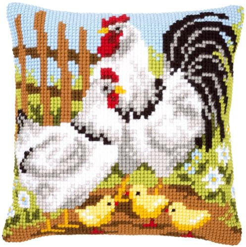 VERVACO Kreuzstich Stickpackungen Kissen Stickerei Set Anfänger Vorgedruckt Hühnerfamilie & Bauernhorf DIY Set Kreativ Set Für Erwachseneca. 40 x 40 cm Bastelset Handwerker Haus Dekoration