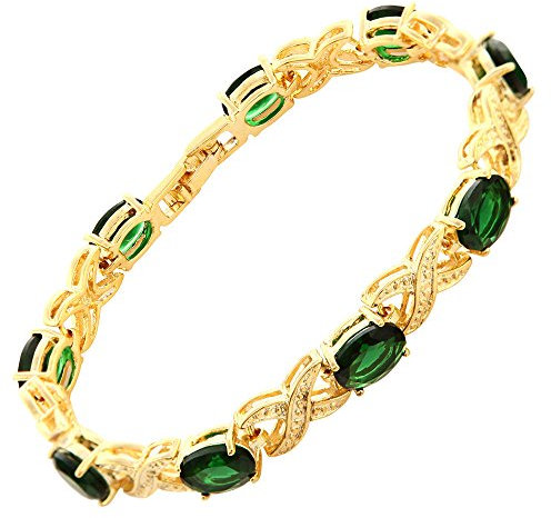 RIVA XOXO Verbindung Tennis Armband [18cm/7inch] mit Ovalschliff Edelstein Zirkonia CZ [Grün Smaragd] in 18K Gelbgold Vergoldet, Einfache Moderne Eleganz