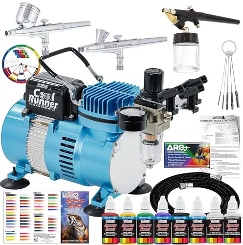 Master Airbrush Professional 3 Airbrush System with Compressor and 6 Color Primary Paint Set by Master Airbrush