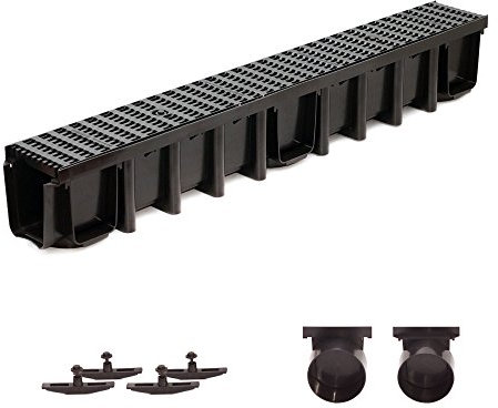 1m Entwässerungsrinne 148mm B125 Einlaufkasten Stegrost Kunststoff inkl. Zubehör (schwarz)