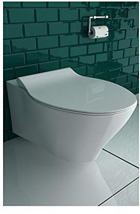 Spülrandloses Hänge WC Keramik Toilette ohne Spülrand inkl. Duroplast WC-Sitz mit Soft-Close/Quick Release Funktion passend zu GEBERIT