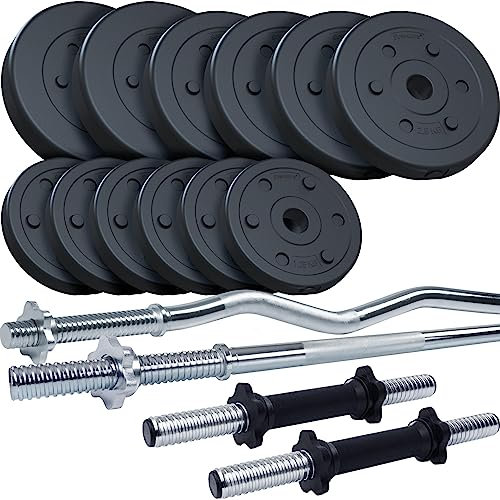 ScSPORTS® Hantelset - 2 Kurzhanteln, Langhantel, SZ Stange, max. Belastbarkeit 50/110/120/150 kg, Ø31mm, Hantelscheiben, Kunststoff, Schwarz - Gewichtsset (27,5 kg (2x5 + 4x2,5 + 6x1,25) sw)