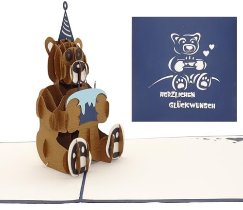 Pop Up Geburtstagskarte Teddybär mit Torte - Teddy Bär Pop Up Karte als Geschenkidee – Glückwunschkarte, Geschenk, Geschenkverpackung & Gutschein zum Geburtstag