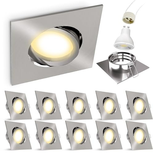 linovum 10er Set LED Einbauspot eckig Edelstahl Optik - schwenkbarer Einbaustrahler 230V inkl. 5W GU10 LED warmweiß & Fassung