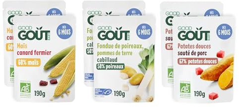 GOOD GOÛT - Lot De 6 Plats Cuisinés Pour Bébé - 2xMaïs Canard Fermier + 2xFondue de Poireaux et Pommes de terre Cabillaud + 2xPatates douces Sauté de Porc - Fabriqué En France - Sachets Micro-Ondables
