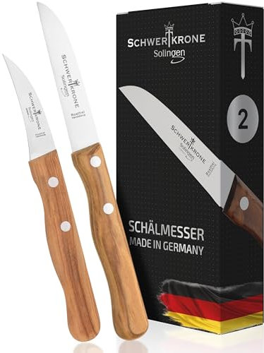 Schwertkrone Solingen Schälmesser 2er Set - Obstmesser & Gemüsemesser mit Olivenholzgriff - 15,5 cm gebogen / 17,5 cm rostfrei - Vogelschnabel & Gerade