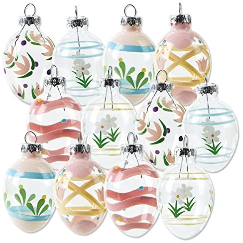 Lillian Vernon Handbemalte Pastellglas-Ostereier-Ornamente – Urlaubs-Heimdekoration, Frühlings-Themen-Baumdekorationen, für den Innen- und Außenbereich, 2,5 x 5,1 cm, 6 Designs, 12 Stück