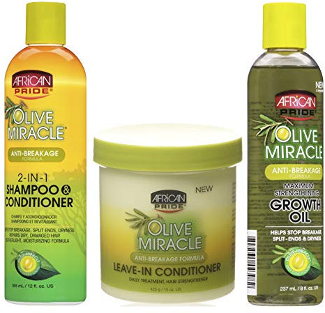 African Pride Olive Miracle | 3er-Set gegen Haarbruch | 2-in-1 Shampoo und Spülung | Leave-In-Spülung | Wachstumsförderndes Haaröl für maximal gekräftigtes Haar