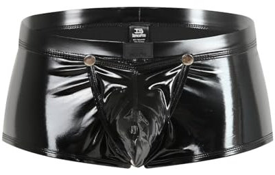 Bodywear4you Herren Leder Boxershorts Lack glänzend Optik, Wetlook sexy Unterwäsche, Reizwäsche für Männer, Clubwear Jockstraps Slips Tanga mit offenem Schritt Ouvert Shorts Pants (Schwarz, M)