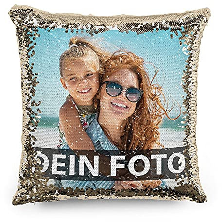 PR Print Royal Foto-Kissen selbst gestalten - Bedruckte goldene Wendepailletten, individuell mit Foto und Text I Personalisiertes Geschenk, Deko-Kissen mit Füllung, 40 x 40cm