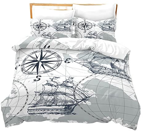 Schiff Bettwäsche Set Mädchen Junge Mikrofaser 2/3 Teilig Bettbezug Meer Tier Pirat Anker Bettbezug und Kissenbezug mit Reißverschluss Nicht-Eisen Für Mann und Frau (Weiß,135 x 200 cm)