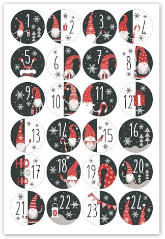 24 Adventskalender-Zahlen-Aufkleber Weihnachtswichtel-Motiv I Ø 4 cm I DIY Sticker Set I Weihnachtsaufkleber Geschenk-Aufkleber für Kinder I dv990