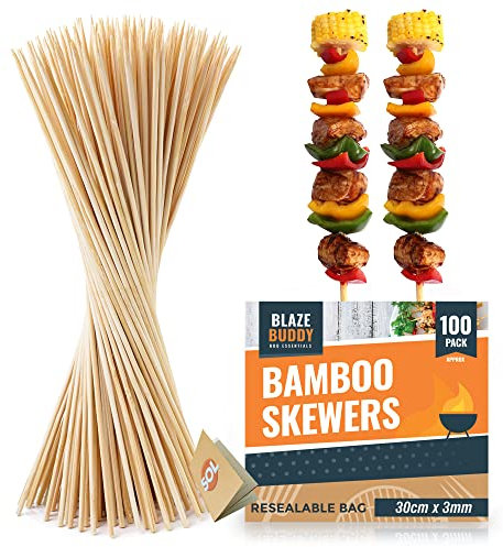 SOL 100pk Bamboo Skewers 30cm - Wooden BBQ Skewers for Grilling & Kebab Sticks, Ideal for Parties, Strong Wooden for Kebab, Food Presentation & DIY Crafts