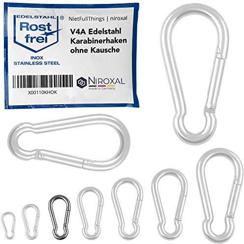 4 Stück Karabinerhaken klein 5mm Starke Karabiner Edelstahl Haken Schlüsselanhänger ohne Auge Kausche Bruchlast 650 kg Edestahhlkarabiner 5x50 mm Hängematte Schaukel
