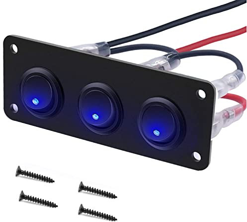 RUNCCI-YUN 12V/24V Schalter Panel,3 Gang ,Auto Kippschalter Panel, SPST 3 Polig 2 Position Runden Wippschalter Kippschalter Panel mit Blaue LED Licht für RV, Auto, Yacht, Marine (12-24V)
