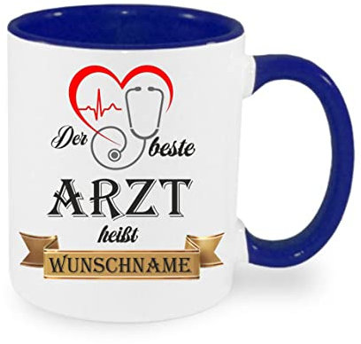 Crealuxe Kaffeetasse - Der Beste Arzt heißt (Wunschname) - Spruchtasse, Bürotasse, bedruckte Keramiktasse, Tasse mit Spruch, Hochwertige Kaffeetasse, Tasse personalisiert (Blau)