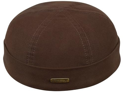 Sterkowski Modell Docker | 100% Baumwolle Dockermütze für Herren und Damen | Sommer Herbst Frühling Fischer Ohne Schirm Biker Cap Damen Fisherman Beanie Hafenarbeiter Kurz Kappe Braun 61