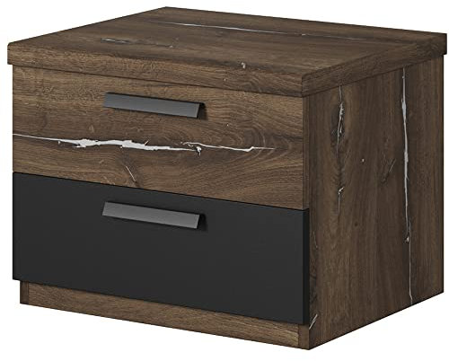 Lomadox Nachttisch Schlafzimmer in Flagstaf Eiche dunkel Nb. und Silber, kombiniert mit schwarz, B/H/T: ca. 46/37/40 cm