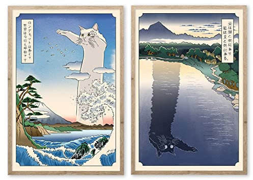Japanische Katze Leinwand, Wandkunst, japanische Landschaft, Poster, schwarze und weiße Katzenbilder, japanische Wellen, Malerei, abstrakte Bergdrucke, abstrakte Katze, 40.6x61 cm, ohne Rahmen