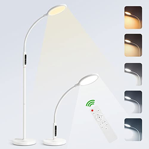 TONFFI 12W LED Stehlampe Dimmbar, Weiß Stehleuchte Bodenlampe mit Fernbedingung, Touch Control, 5 Farbtemperaturen & 5 Helligkeitsstufen Leselampe Tischlampe Klemmlampe mit Timer & Memory Funktion