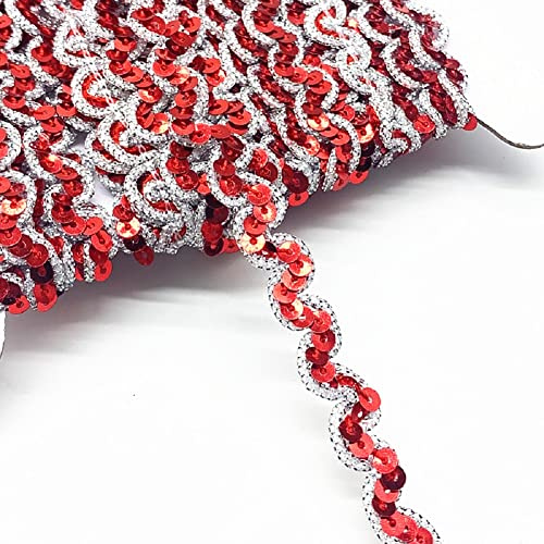 Yalulu 13 Yards Wellen Glänzendes Pailletten Stoff Ribbon Applique Trim Spitzenband Paillettenband Glitzer Borte aus Dekoband Zierband DIY Nähen Bastelprojekte (Rot-Silber)
