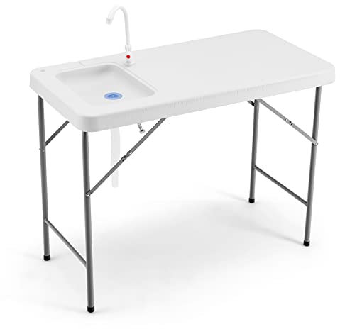 GYMAX Campingtisch mit Spüle & Wasserhahn Filetiertisch Fisch-Reinigungstisch Klappbar mit Messskala Gartenspüle Outdoorspüle Tragbar für Camping Angeln