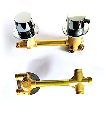 Thermostatischer Duschmischer Mit Absperrventil Und 2/3/4-Wege-Auslass Messing-Doppelgriff-Thermostat-Duschraummischer Mit Gewinde Ventilmischer Abstand 10cm,Gewinde 3-Wege,10cm