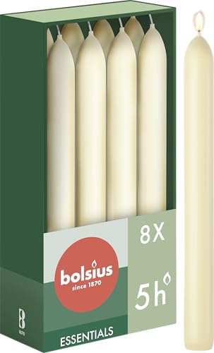 Bolsius - Velas lisas – marfil – 8 unidades en caja – 17 cm – duración de combustión 5 horas – sin perfume – cera vegetal natural – sin goteo – sin aceite de palma