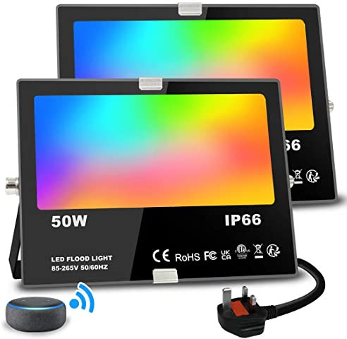 Flood Lights Outdoor With Alexa, Smart LED Floodlight Colour Changing 500W Equivalent 5000LM, Bluetooth APP Control, Warm White+1600 Million RGB Colours,No WiFi No Hub,IP66 Waterproof UK 3-Plug,2 Pack