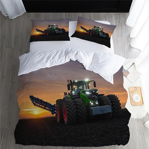 Traktor Bettwäsche 135x200cm Grün Bauernhof Landwirtschaft Traktor Kinder Bettbezug Set 3 Teilig Microfaser 3D Motiv Luxus Modern Bettdeckenbezug Mit Reißverschluss und 2 Kissenbezüge 80x80cm