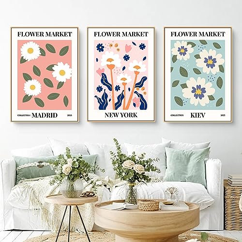 EXQUILEG 3er Stilvolles Blumen Bilder Set Flower Market Poster Kunstdrucke Moderne Wandbilder Vintage Wanddeko Ohne Rahmen Premium Für Wohnzimmer Schlafzimmer Esszimmer (50 * 70cm)