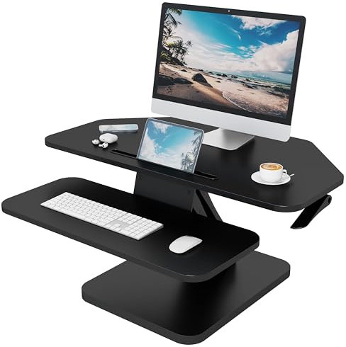 Lubvlook Convertidor de escritorio de pie de esquina de 32 pulgadas, elevador de escritorio de pie ajustable en altura con bandeja para teclado, negro, GSD76