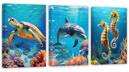 ZXHYWYM Meerestiere Leinwandbild 3er Set Meeresschildkröte Seepferdchen Delfin Wanddruck blaues Ozeanthema Poster für Badezimmer Kinderzimmer Dekoration mit Rahmen (C (30x40cmx3))