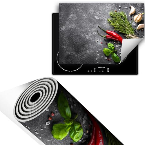 TMK ArtDeko Herdabdeckplatte Einteilig 70x52 cm Küche Herdabdeckung Ceranfeld Abdeckplatte Kochfeld Abdeckung Induktionskochfeld Aufrollbare, Gewürze Chili Schiefer