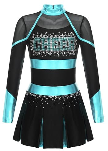 YOOJIA Mädchen Cheerleading Kostüm Langarm Tanzkleid mit Glitzer Cheer Leader Outfit Schulmädchen Kleider Sportkleid Schwarz & Blau Grün 158-164