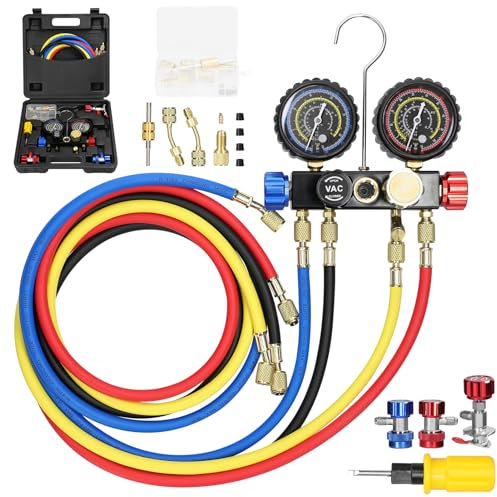Refrigerante Manifold Gauge Set, Weytoll Juego de Manómetros para Aire Acondicionado, Adaptadores de Acoplamiento Rápido de Latón para Refrigerante R22/R134a/R410a
