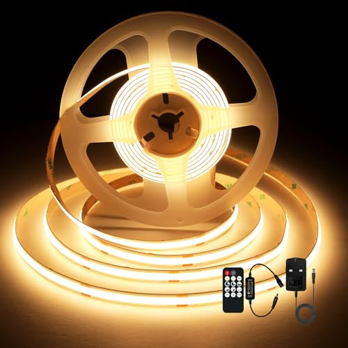 SIRYYUI COB LED Strip Lights 3M, 3000K Warm White Dotless Dimmable LED Strip, 480LEDs/M,Super Bright DC24V LED Light Strip,CRI 90+ with RF Remote and UKCA Power Supply for DIY Home Decoration