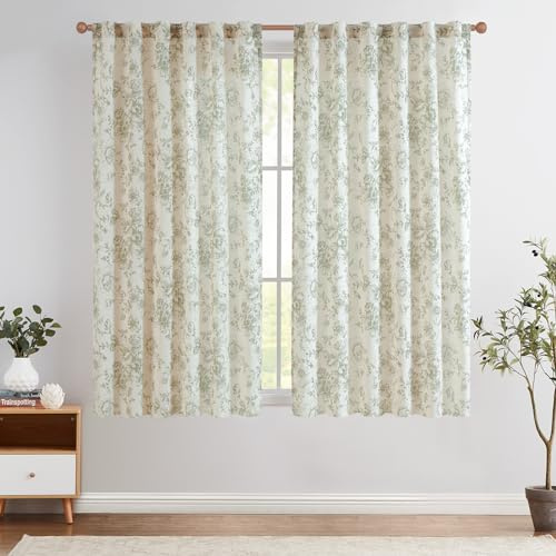 TOPICK Floral Gardinen Leinenoptik Vorhänge 2er Set H175xB140 Grün Beige | Lichtdurchlässig Gardinen Wohnzimmer boho landhausstil blickdicht Vorhänge Schlafzimmer mit Tunnel und verdeckten schlaufen