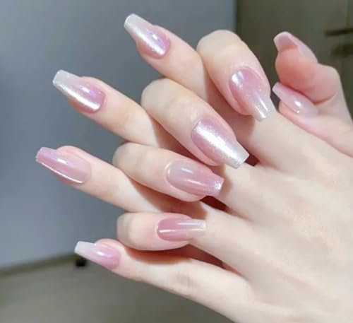 Luxury Handmade Nails Press on Nail Reusable Fake Aurora Pink Cat Eyes Stick on French Tip False Nails 10pcs Reusable Glossy Nails for Parties Weddings Box Packing (Q043 S)