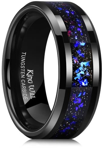 King Will Tungsten Wedding Band Promise Ring for Men 8mm Black High Polished Ring with Black Sand Inlay Blue Purple Sparkles V(11)