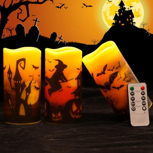 Adamyee Led Halloween Kerzen mit 8H Timer Batteriebetriebene dekorative Kerzen mit Hexenfledermaus-Schloss-Horror-Elementmuster Tolles Geschenk für Halloween-Party-Atmosphäre 3 Stück