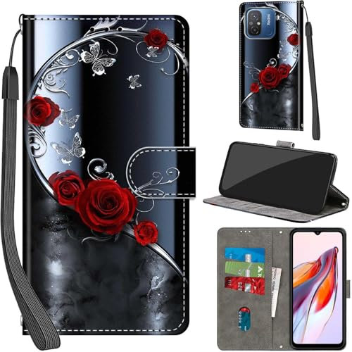 Handyhülle für Xiaomi Redmi 12C Hülle PU Leder Schutzhülle Klappbar mit Kartenfach Ständer Handytasche mit Kameraschutz Flip Case Klapphülle für Xiaomi Redmi 12C, silberner Schmetterling