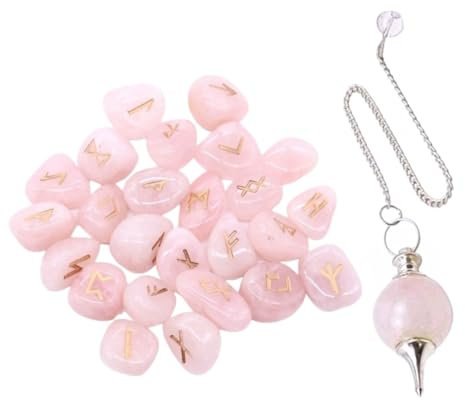 KULIA® Kristall-Runen-Alphabet-Set mit 25 Stück Glücksbringer Chakra-Pendel handgeschnitzt Rosenquarz Taschenstein Runen-Set Heimbüro-Dekor Reiki-Symbole Runen-Set Spirituelles Dekor