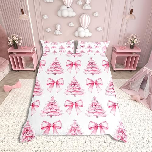 feelingyou Pink Bowknot Kids Duvet Cover Set Double Size,Christmas Trees Pine Bow Tie Bedding Set,Girls Women Room Decor,Merry Christmas Happy New Year Xmas Quilt Cover,2 Pillowcases(No Comforter)