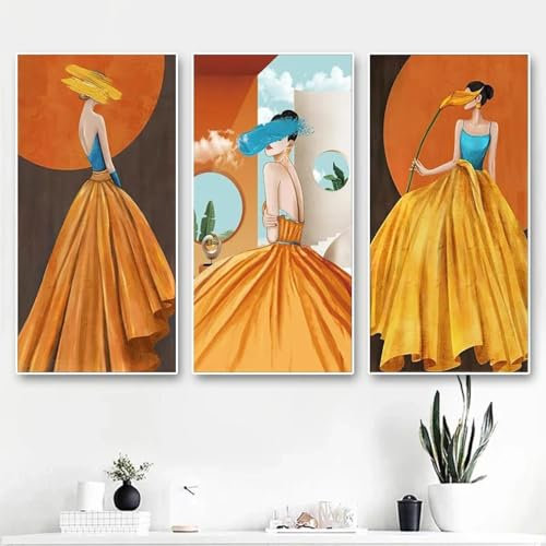 XINBAO Mode Edle Elegante Frau Orange Kleid Poster und Drucke Leinwand Gemälde Wandkunst Bilder Wohnkultur 50x100cmx3 Rahmenlos