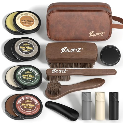 BALORIZ 13Pcs Shoe Polish Kit - Shoe Shine Kit For Men & Women with Shoe Polish, Mink Oil, Horsehair Brush for Leather Boot Shoe Care Christmas Birthday Gifts